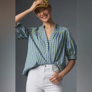 Anthropologie Blue & Green Striped The Darcey Popover Swing Top | XS